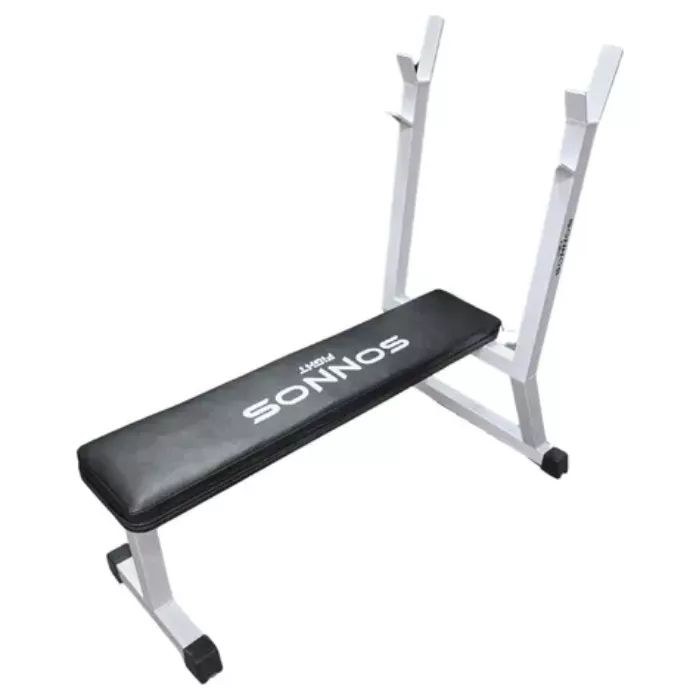 BANCO PLANO CON PARANTES mas BARRA MACIZA 150 mas MANCUERNAS A ROSCA mas 30kg DISCO PVC NEGRO