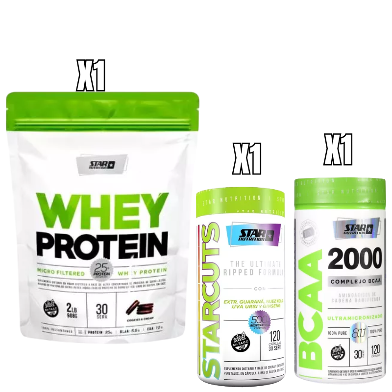Combo REDUCION DE PESO 001 QUEMADOR STARCUT mas CREATINA MONOHIDRATO mas PROTEINAS WHEY x 2 lbs