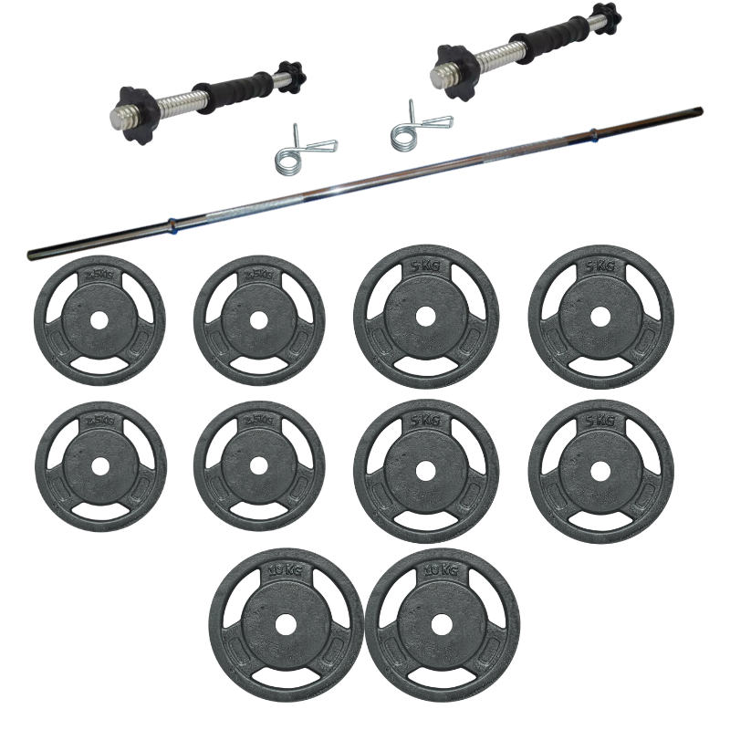 Kit 50kg Discos Trigrip Fundición + Barra 1.70m + Mancuernas Sonnos