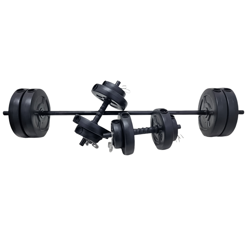 SET BARRA 1,50 Mts. MANCUERNAS 34 KG DISCOS PVC