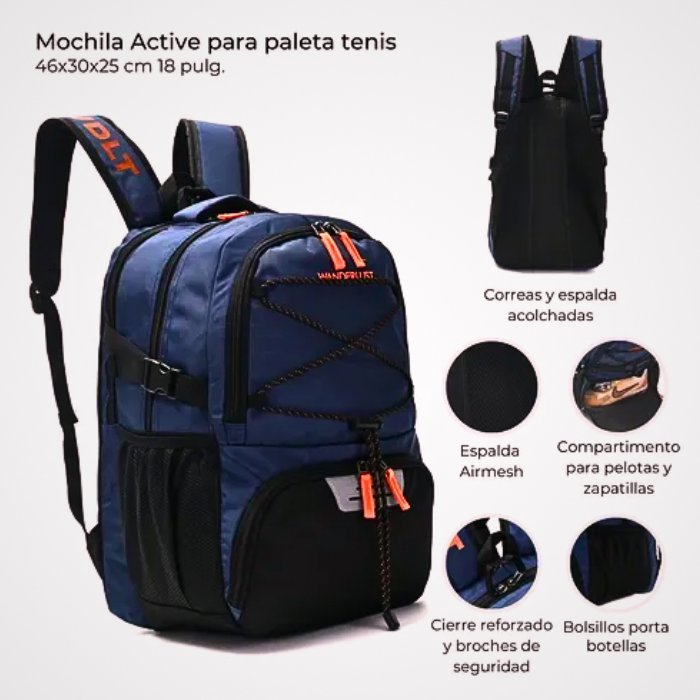 Mochila Wanderlust Active Azul para Tenis o Pádel | Compartimento para Raquetas, Zapatillas y Pelotas