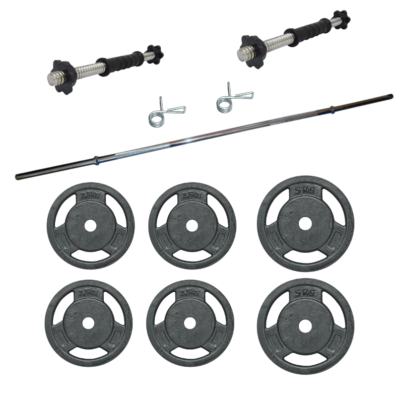 Kit Pesas 20kg Sonnos Disco Trigrip + Barra Cromada + Mancuernas