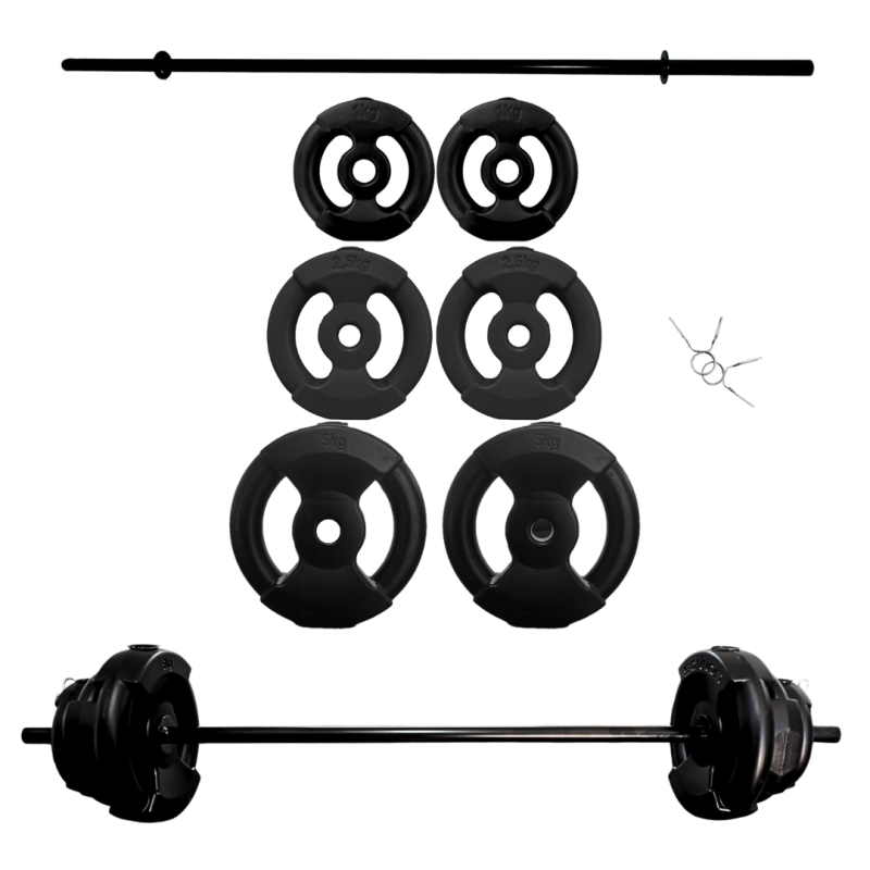 SET BARRA 17 KG DISCOS PVC NEGRO con manijas