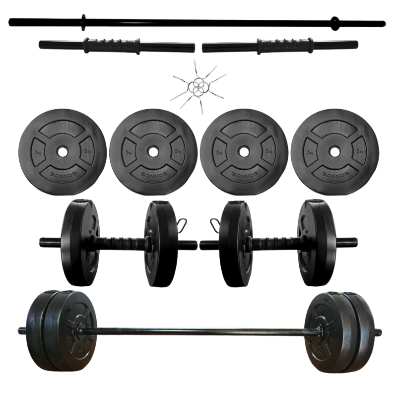 KIT 20 BARRA RECTA HUECA 1,20 + MANCUERNAS HUECA + 4 DISCOS DE 5KG