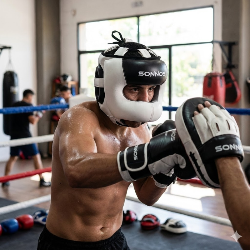 Cabezal de Boxeo SONNOS con Barral de Metal – Protección Facial Completa en PU