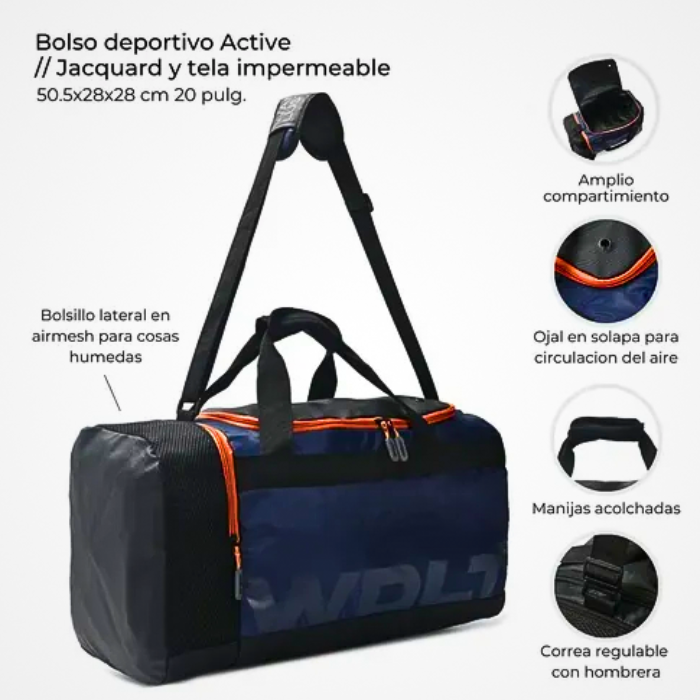 Bolso Deportivo Impermeable Wanderlust Chico 50.5x28x28 cm Azul | 38L con Compartimiento para Zapatillas y Correa Acolchada