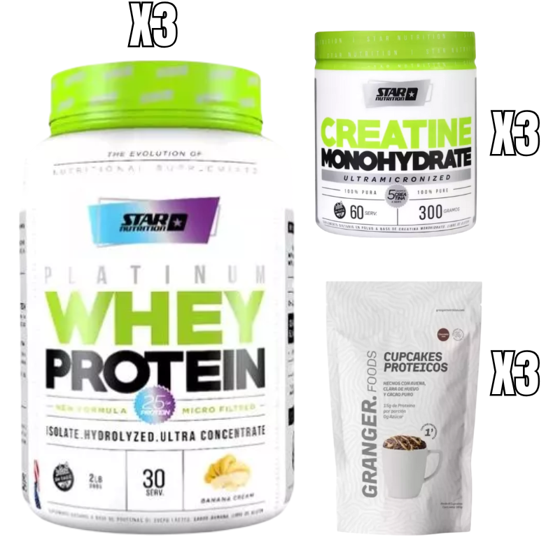 Combo VOLUMEN 002 PLATINUM WHEY x 2 lb x3 mas CREATINA STAR MONO x 300grms x3 mas CUPCAKES PROTEICOS x3