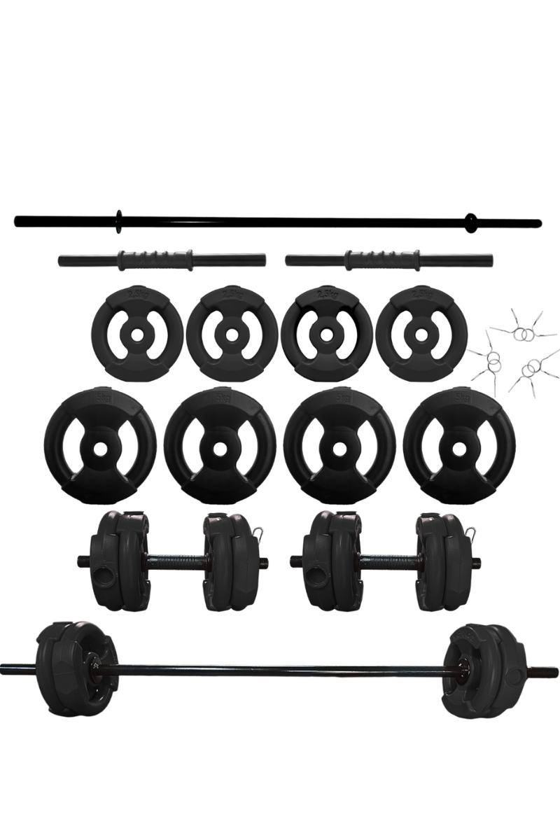 KIT BARRA + MANCUERNAS + 30 KG DISCO PVC NEGRO CON MANIJAS