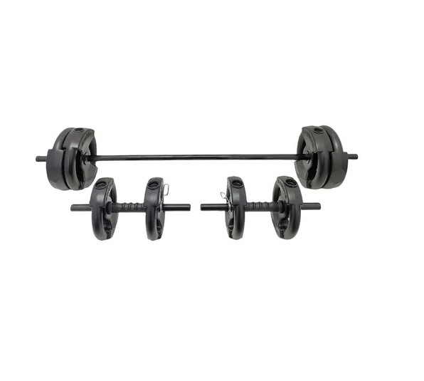 KIT BARRA + MANCUERNAS + 30 KG DISCO PVC NEGRO CON MANIJAS
