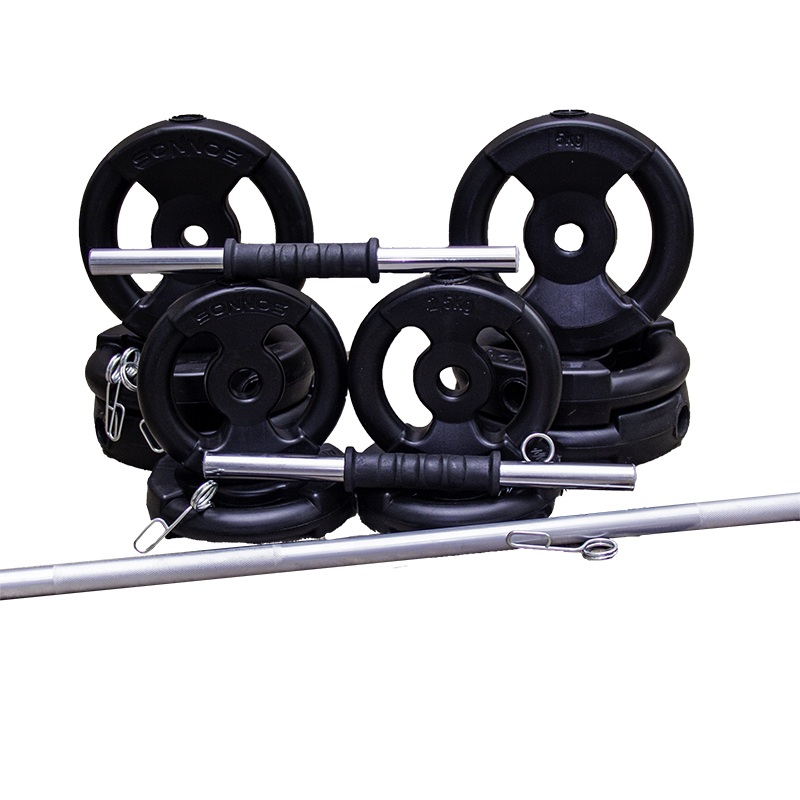 SET BARRA Y MANCUERNAS SEMI MACIZAS DISCOS CON AGARRE 40 KG