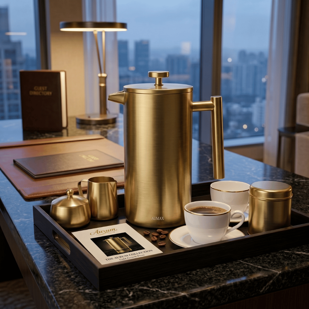 Cafetera de Prensa Francesa AUMAX Aurum 1 Litro Satin Gold - Acero Inoxidable 304