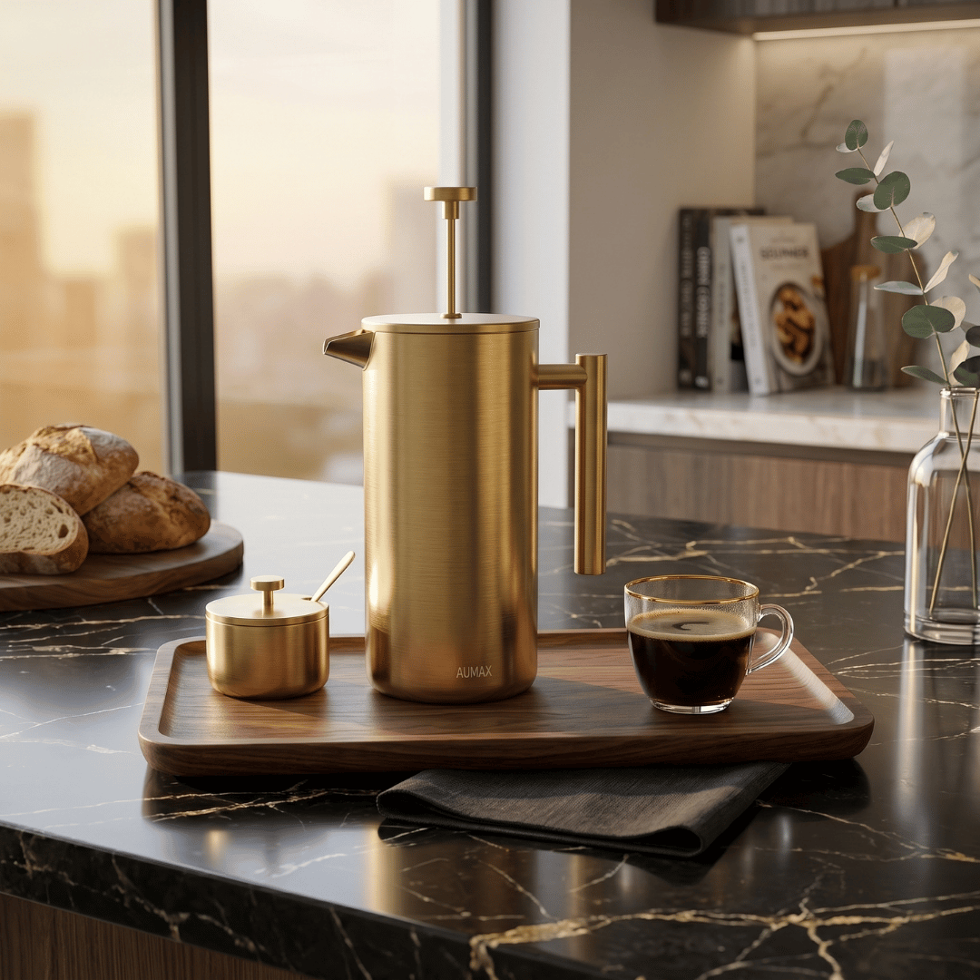 Cafetera de Prensa Francesa AUMAX Aurum 1 Litro Satin Gold - Acero Inoxidable 304