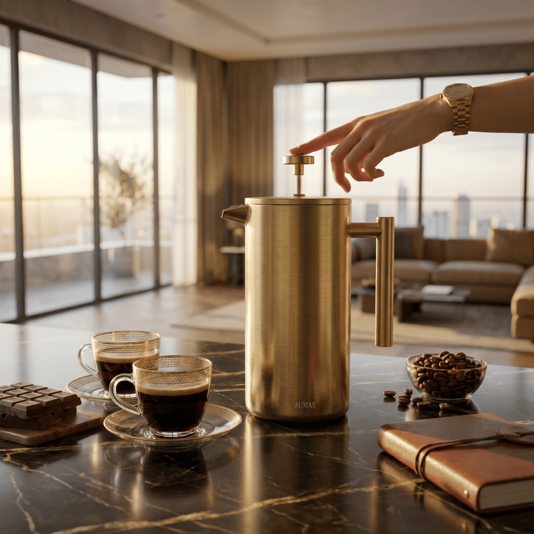 Cafetera de Prensa Francesa AUMAX Aurum 1 Litro Satin Gold - Acero Inoxidable 304