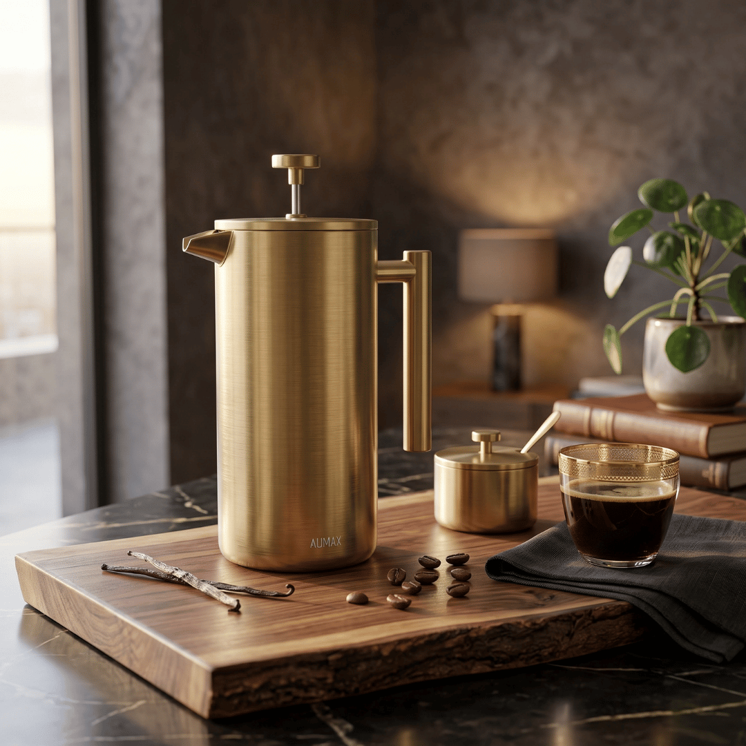 Cafetera de Prensa Francesa AUMAX Aurum 1 Litro Satin Gold - Acero Inoxidable 304