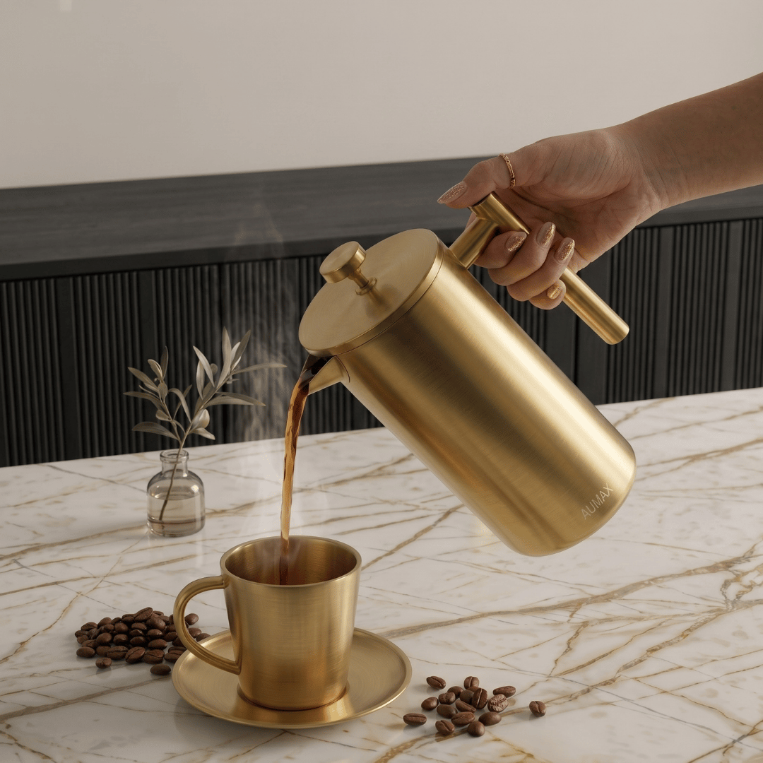 Cafetera de Prensa Francesa AUMAX Aurum 1 Litro Satin Gold - Acero Inoxidable 304