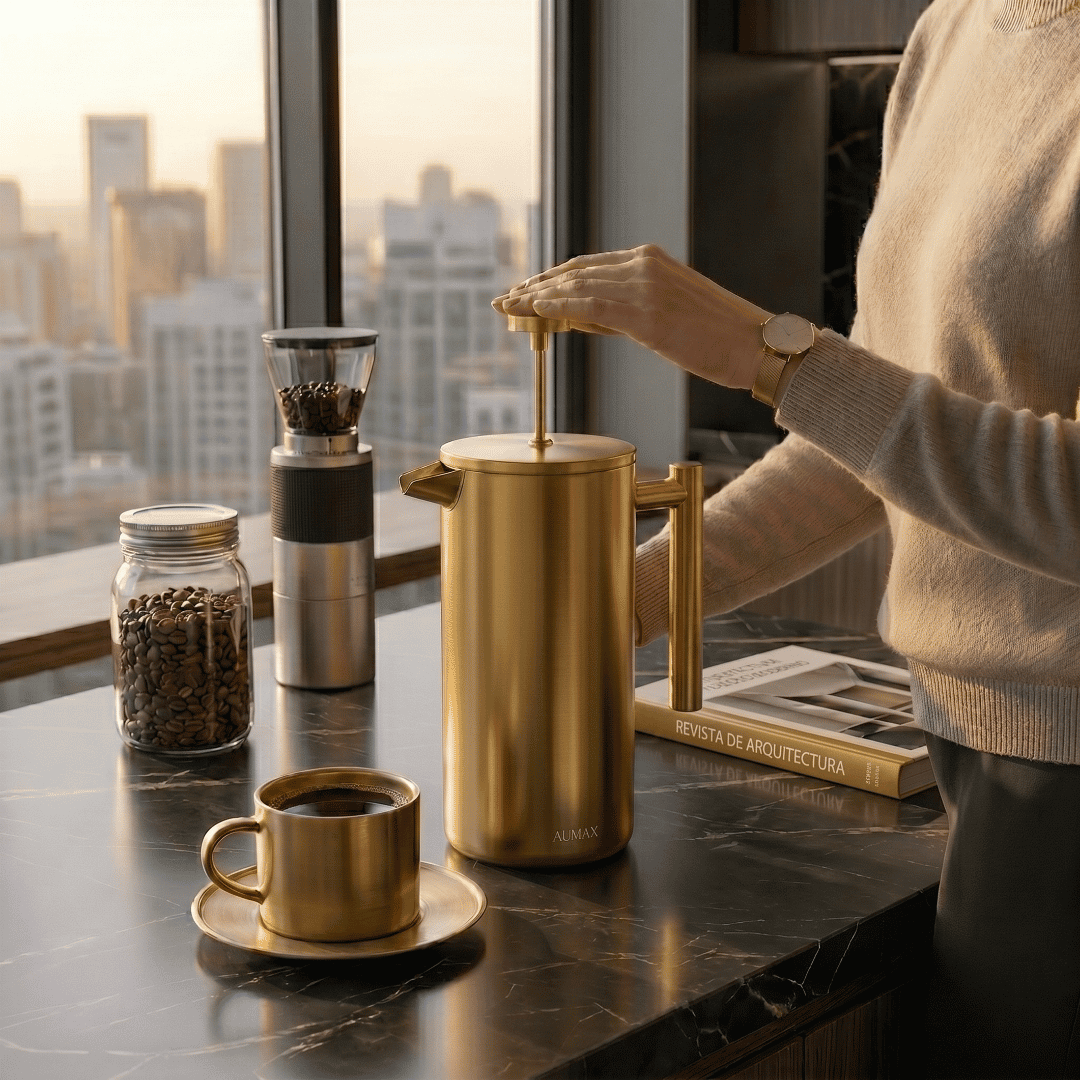 Cafetera de Prensa Francesa AUMAX Aurum 1 Litro Satin Gold - Acero Inoxidable 304