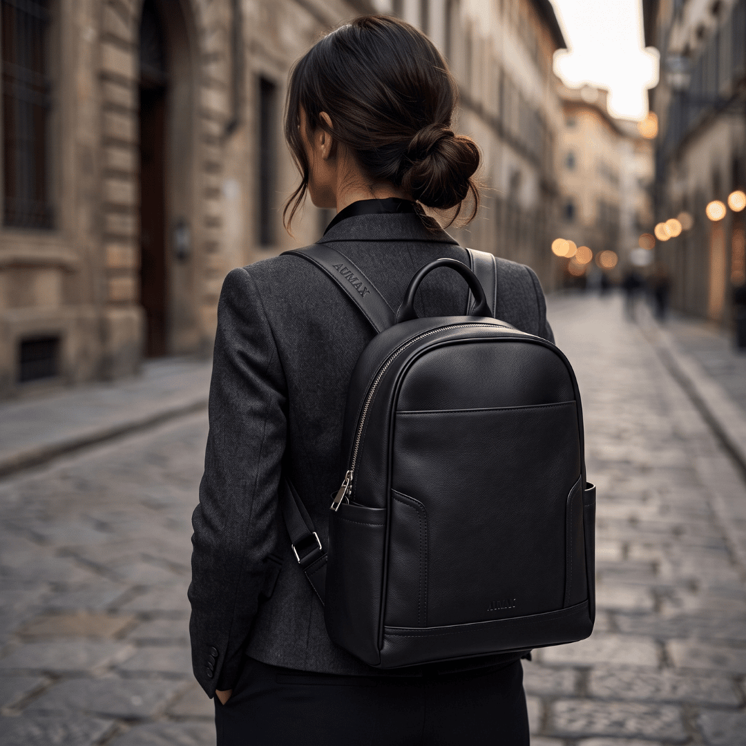 Mochila Urbana De Cuero Vacuno AUMAX Siena Negra - Correa De Cuero