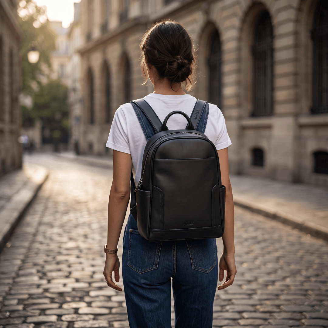 Mochila Urbana De Cuero Vacuno AUMAX Siena Negra - Correa De Cuero