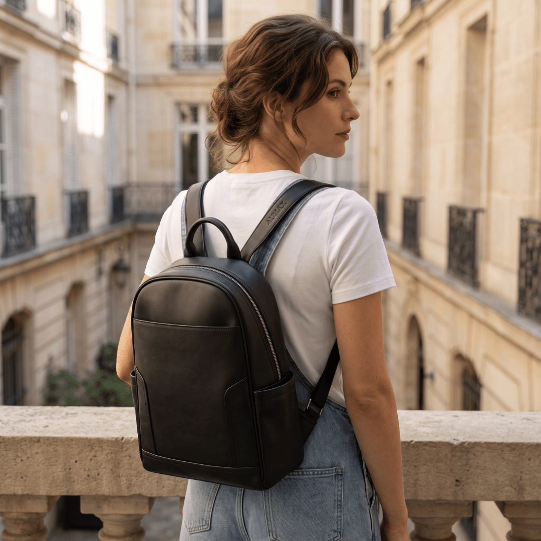 Mochila Urbana De Cuero Vacuno AUMAX Siena Negra - Correa De Cuero