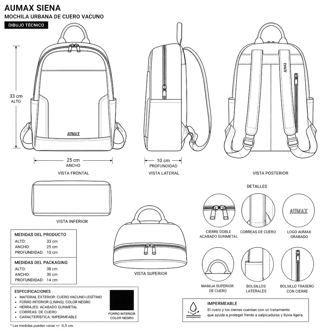 Mochila Urbana De Cuero Vacuno AUMAX Siena Negra - Correa De Cuero