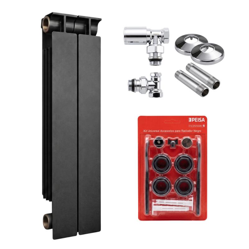 RADIADOR T 500 NEGRO DE 2 ELEMENTOS + BLISTER + KIT DE INSTALACIÓN