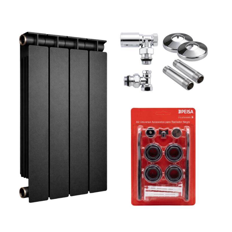 RADIADOR T 500 NEGRO DE 4 ELEMENTOS + BLISTER + KIT DE INSTALACIÓN