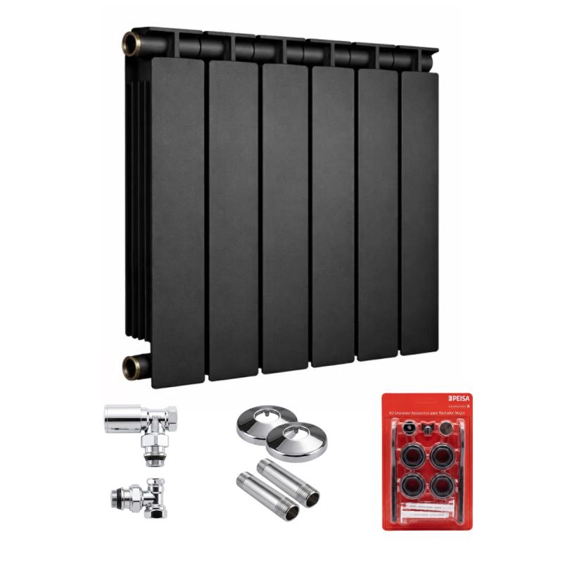 RADIADOR T 500 NEGRO DE 6 ELEMENTOS + BLISTER + KIT DE INSTALACIÓN