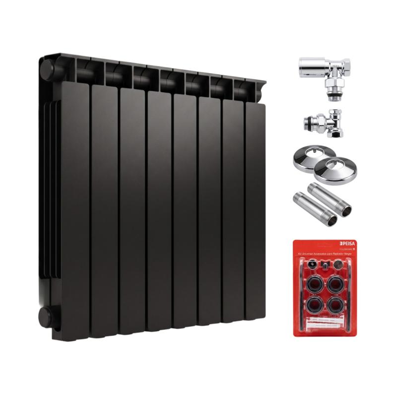 RADIADOR T 500 NEGRO DE 8 ELEMENTOS + BLISTER + KIT DE INSTALACIÓN