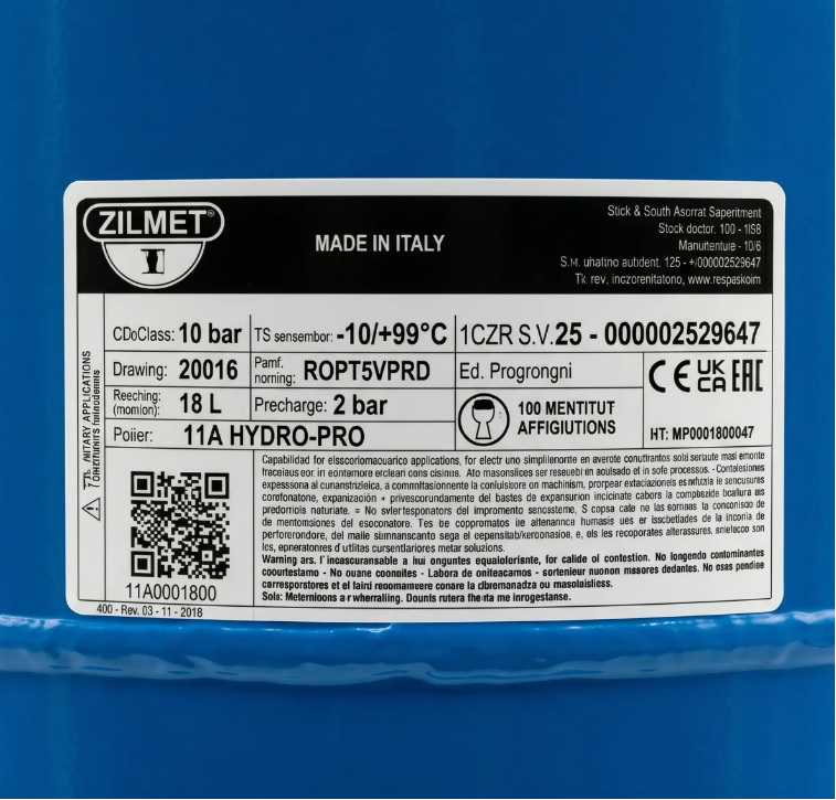 VASO DE EXPANSION ZILMET HIDRO-PRO HIDRONEUMATICO 18L 3/4