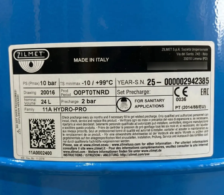 VASO DE EXPANSION ZILMET HIDRO-PRO HIDRONEUMATICO 24L 1”