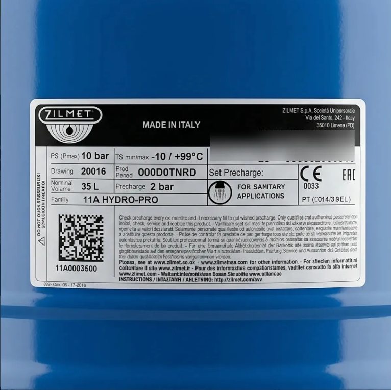 VASO DE EXPANSION ZILMET HIDRO-PRO HIDRONEUMATICO 35L 1”
