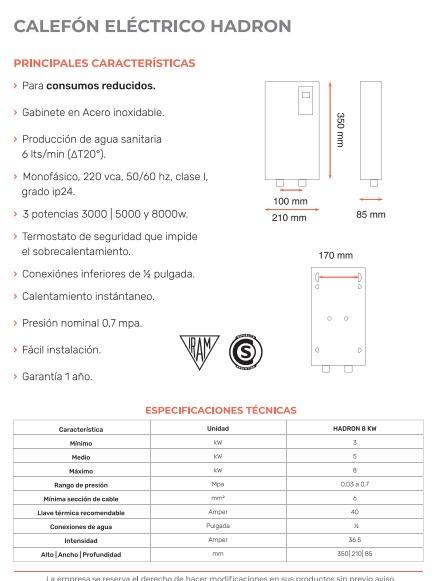 CALEFON ELECTRICO MINI HADRON DIGITAL 8 KW