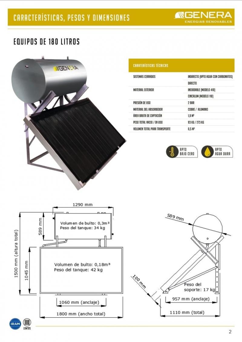 TERMOTANQUE SOLAR 180 LITROS 2 M2 INDIRECTO GENERA