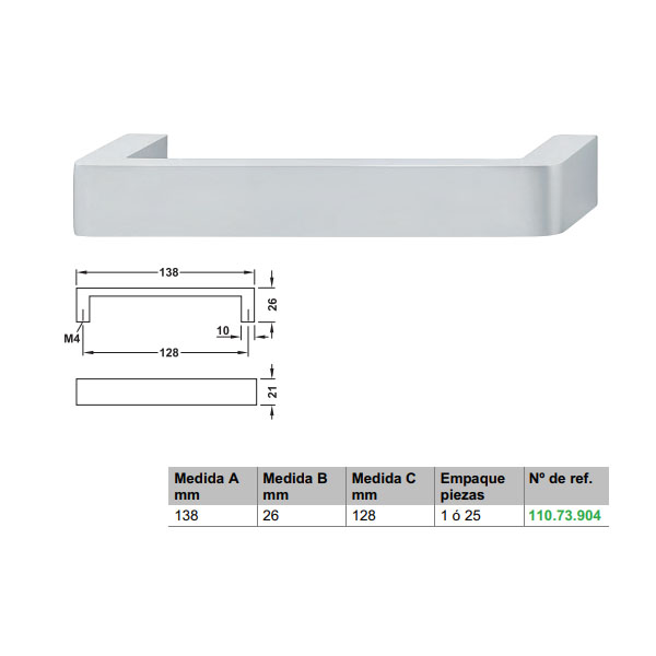 Tirador Hafele Aluminio Anodizado Plata 138 x 26 mm – Ref. 110.73.904