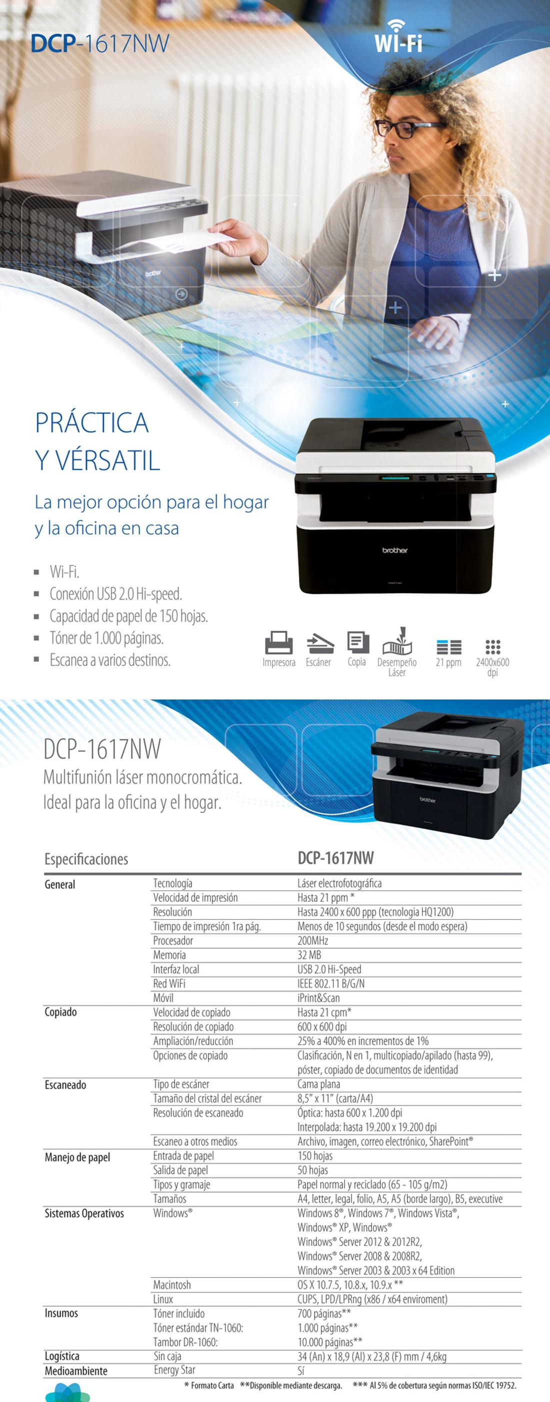IMPRESORA LASER BROTHER DCP-1617NW MULTIFUNCION