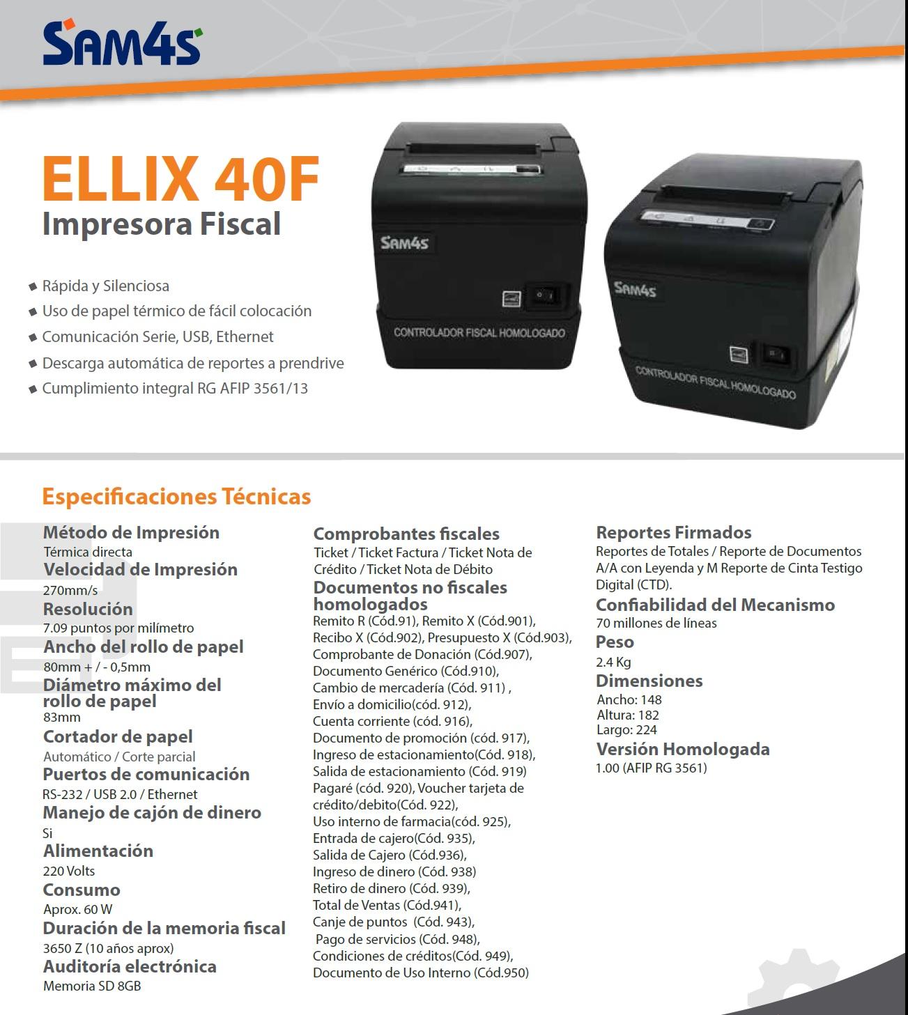 IMPRESORA FISCAL SAM4S ELLIX 40 F Nueva tecnologia