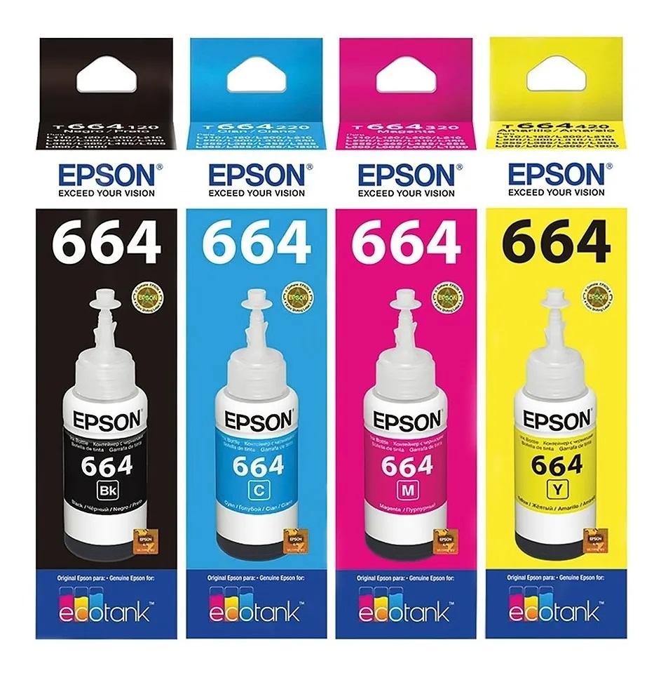 Botella Tinta Epson T664 Original 70 Ml Set De 4 Colores Negro-Cyan-Magenta-Amar