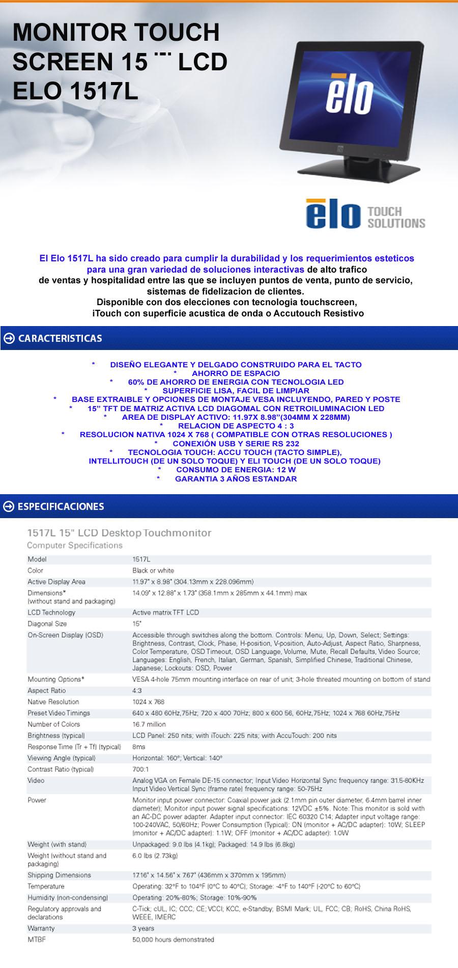 Monitor Touch Screen ELO 1517L