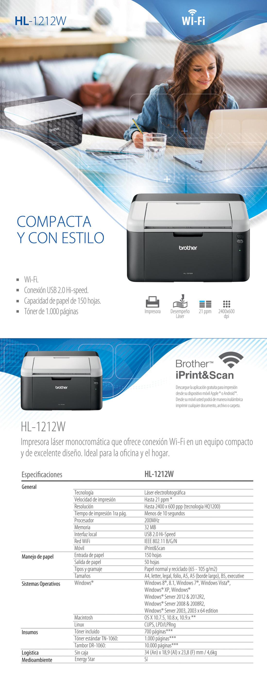 Impresora Laser Brother HL-1212W USB WIFI