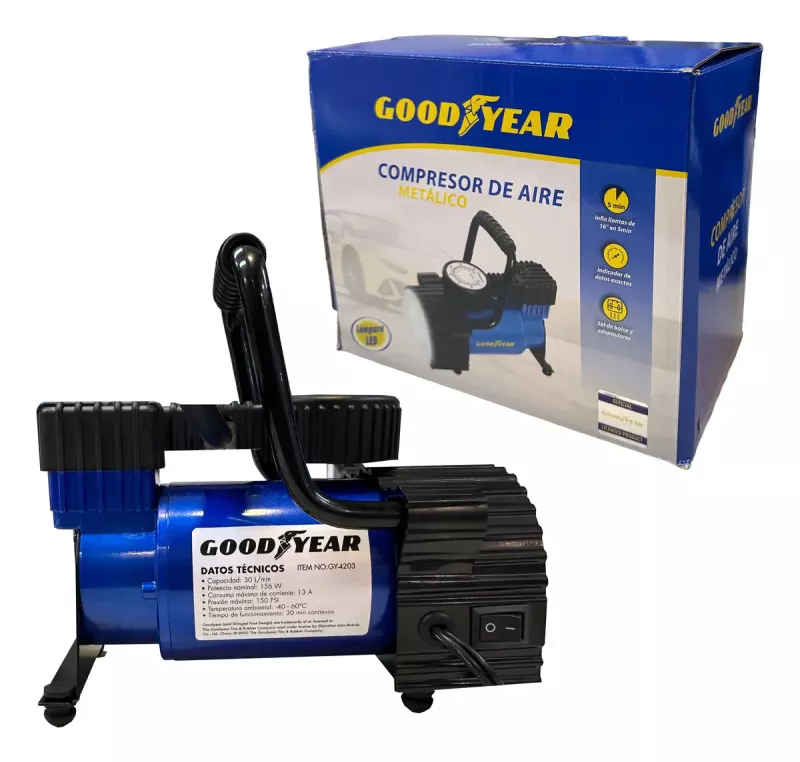 Compresor Aire Auto Camioneta Moto Goodyear C/ Manometro Azul Monofásica