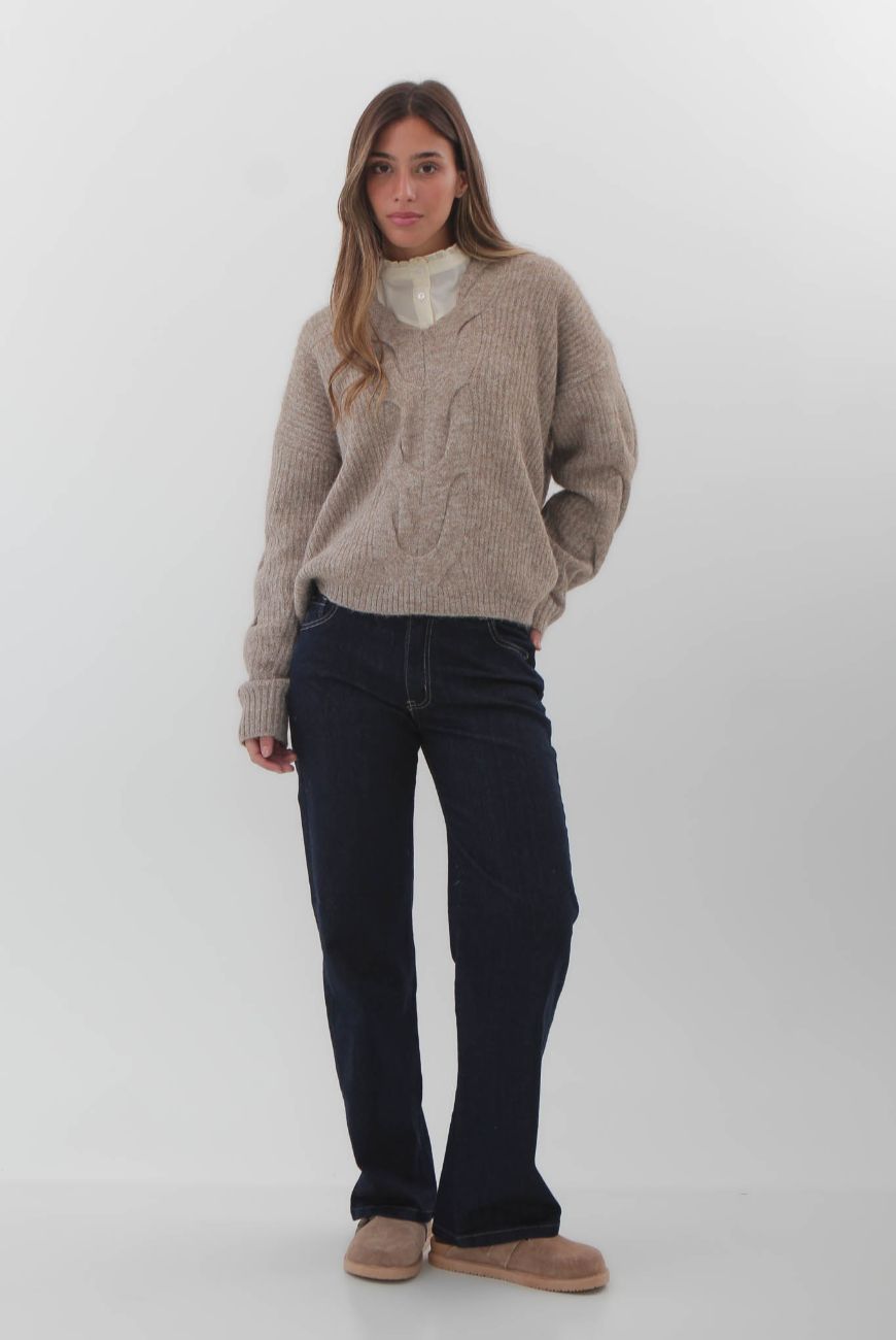 Sweater en V Cuello Trenzado