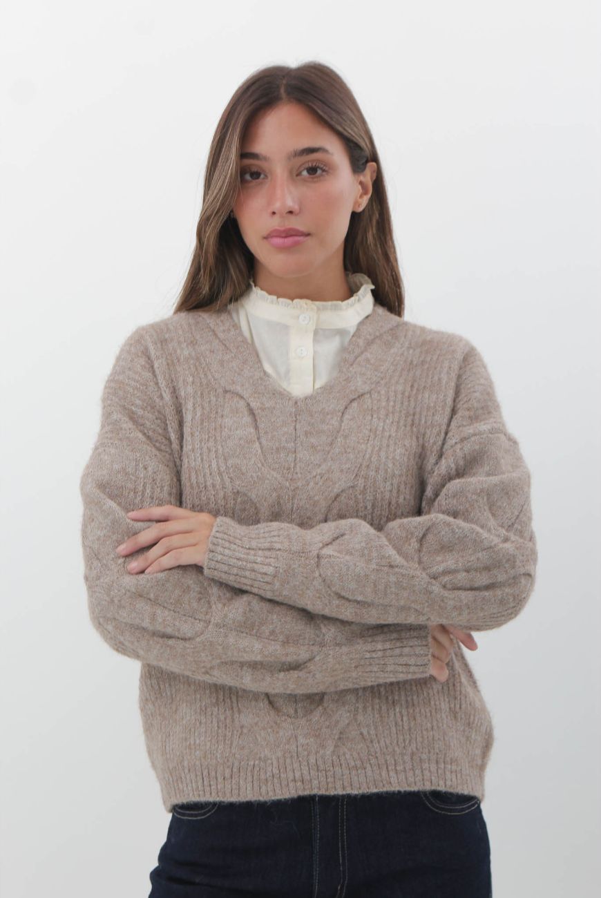Sweater en V Cuello Trenzado