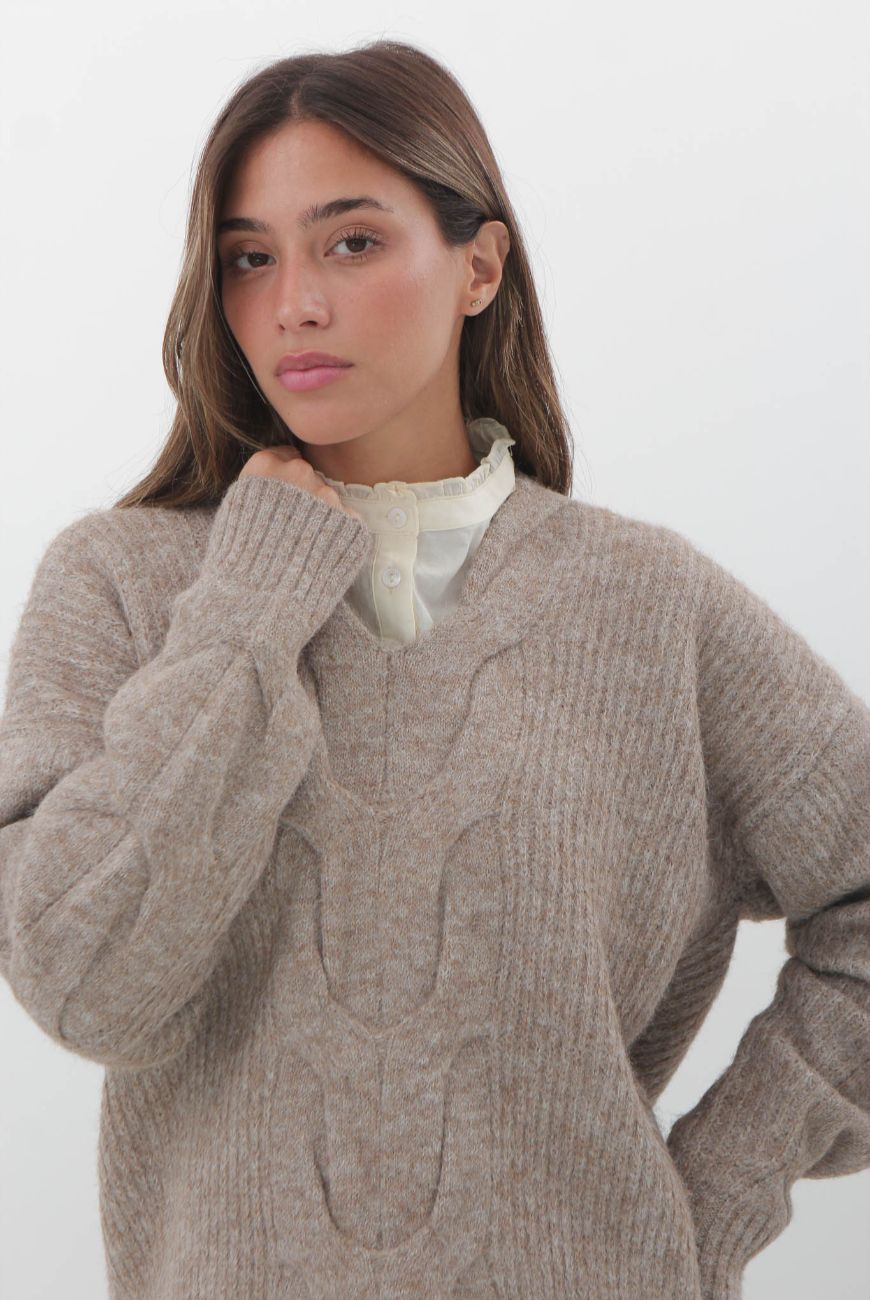 Sweater en V Cuello Trenzado