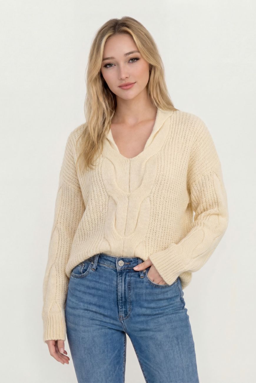 Sweater en V Cuello Trenzado