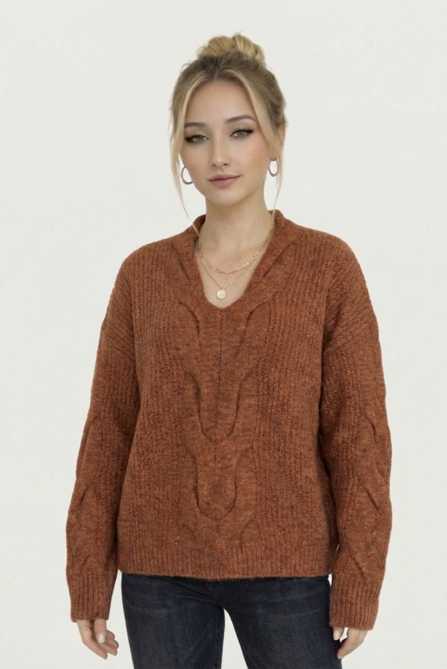 Sweater en V Cuello Trenzado