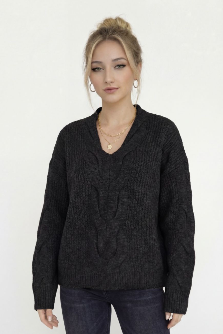 Sweater en V Cuello Trenzado