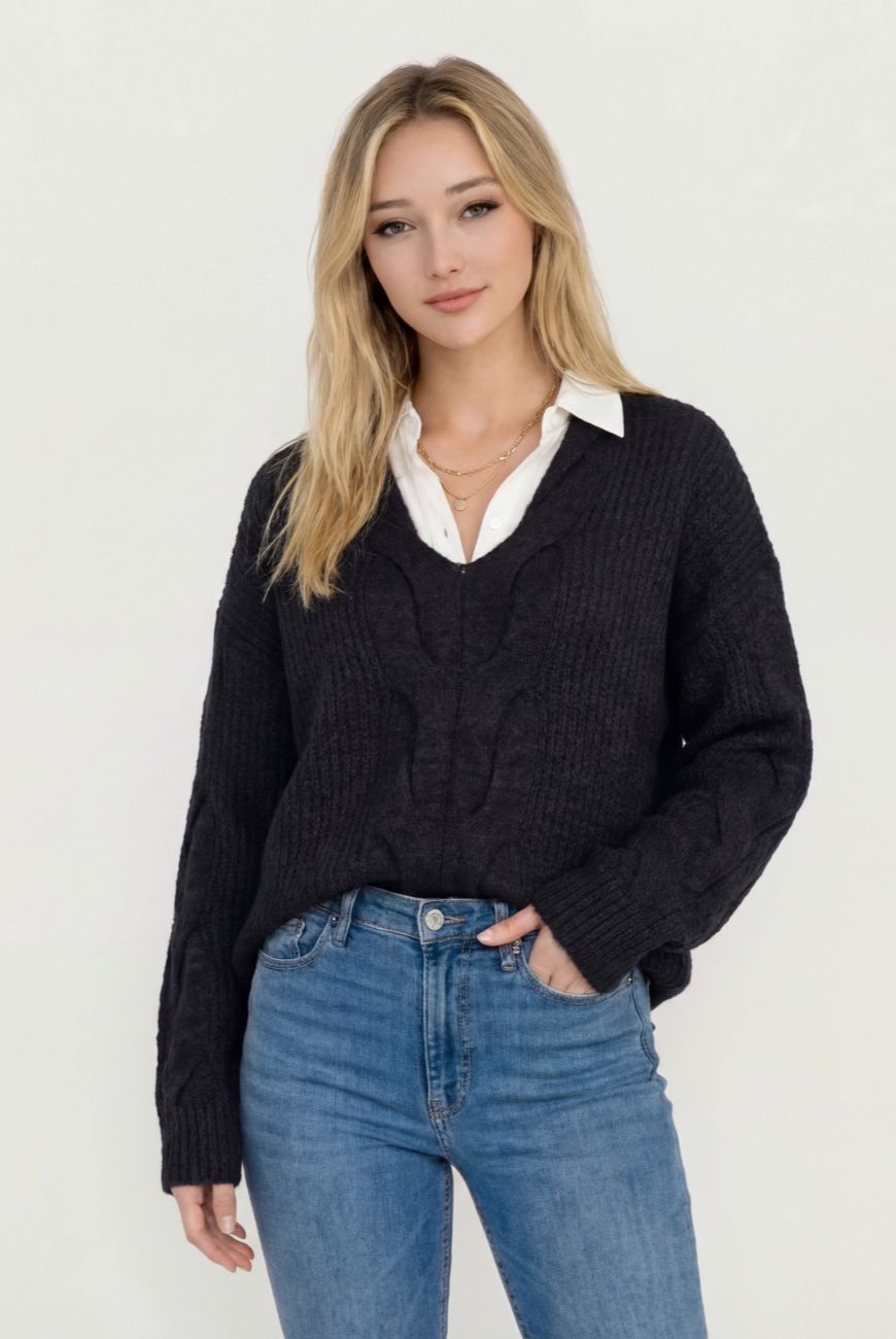 Sweater en V Cuello Trenzado