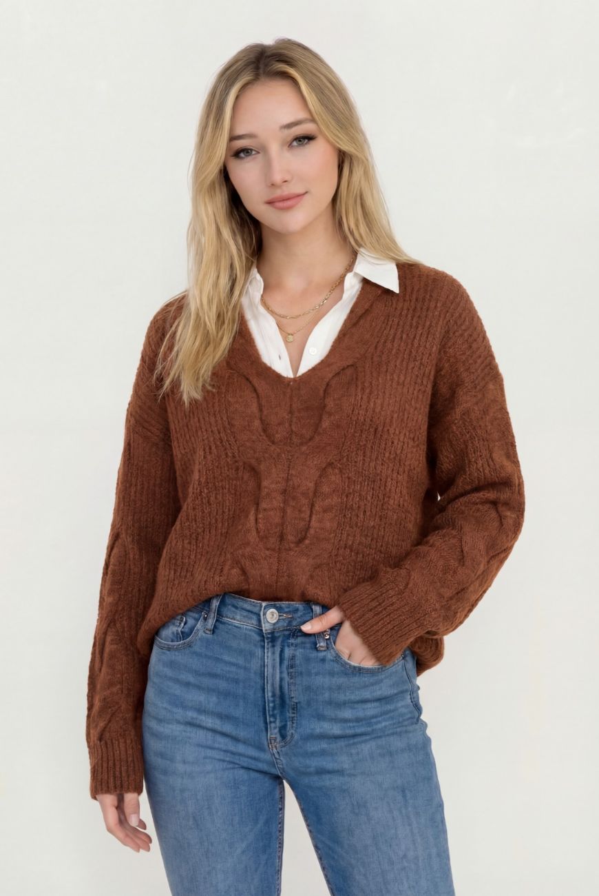 Sweater en V Cuello Trenzado