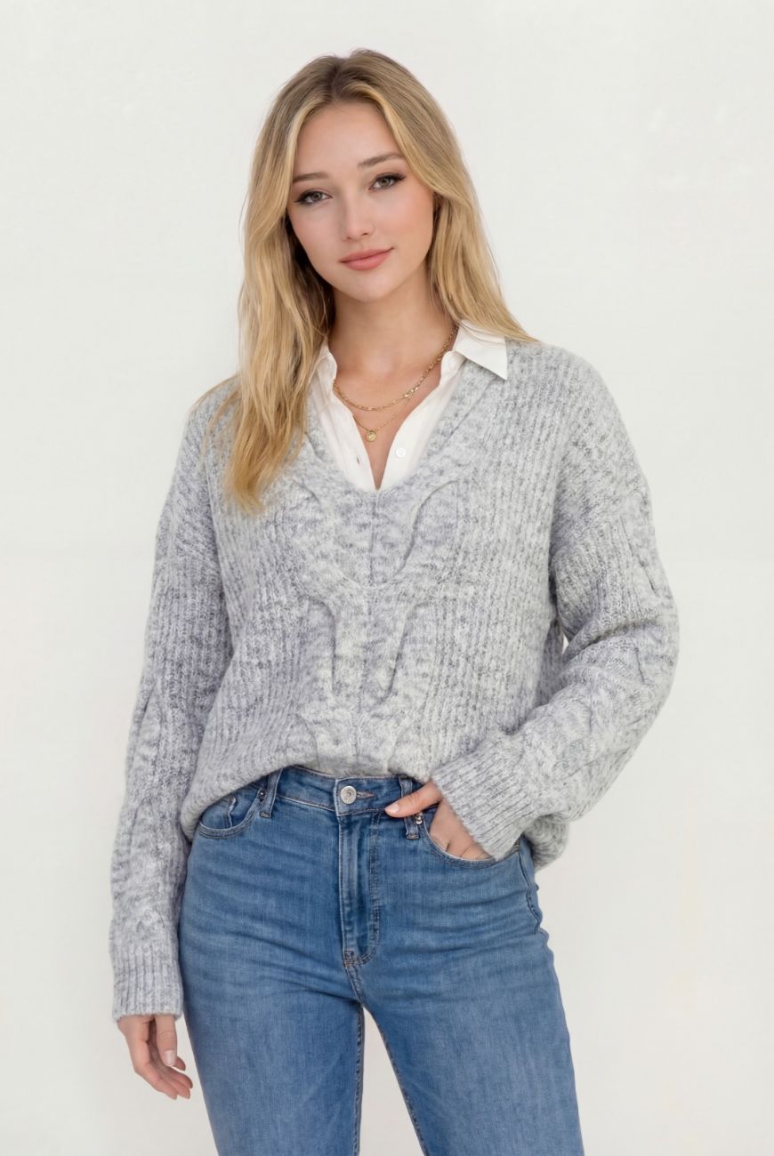 Sweater en V Cuello Trenzado