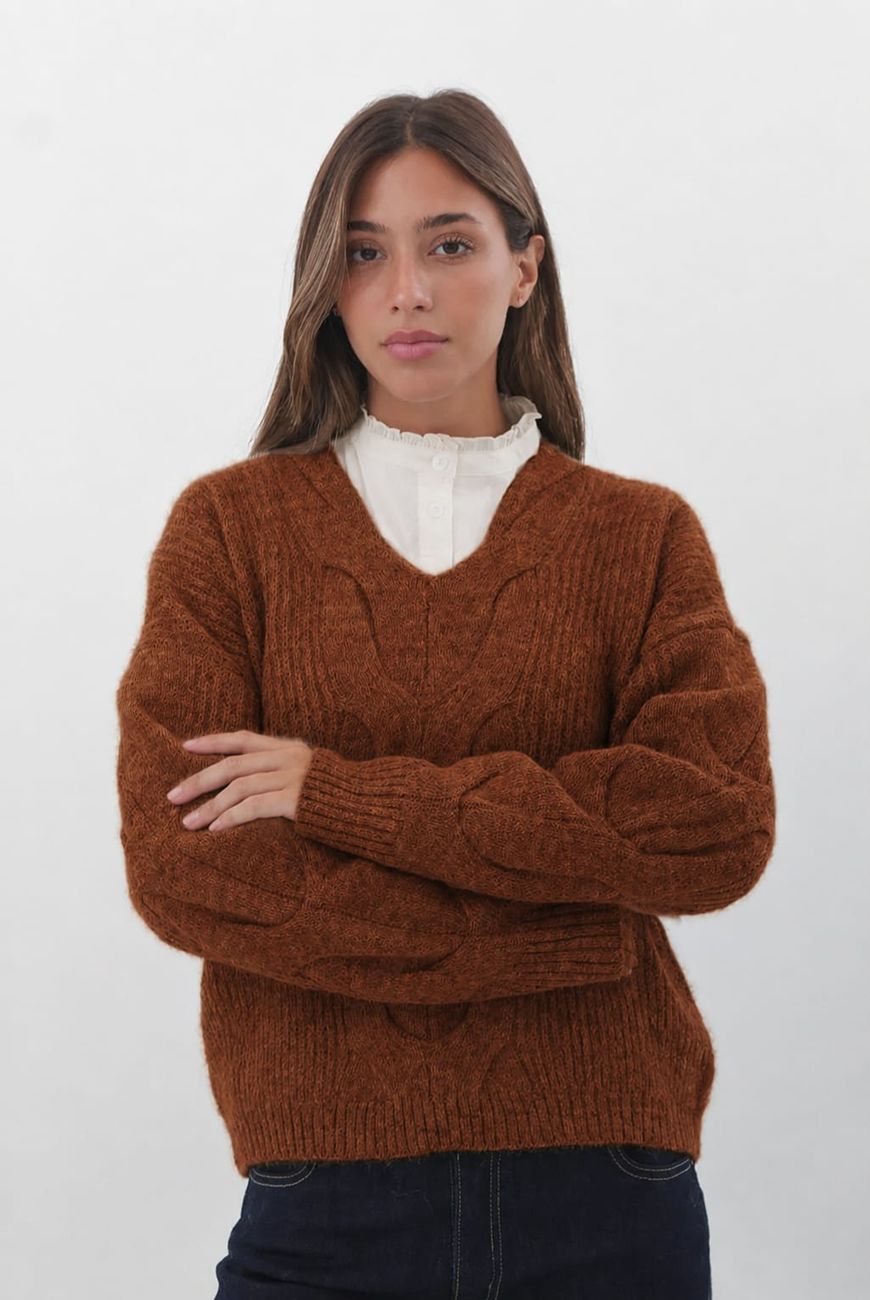 Sweater en V Cuello Trenzado